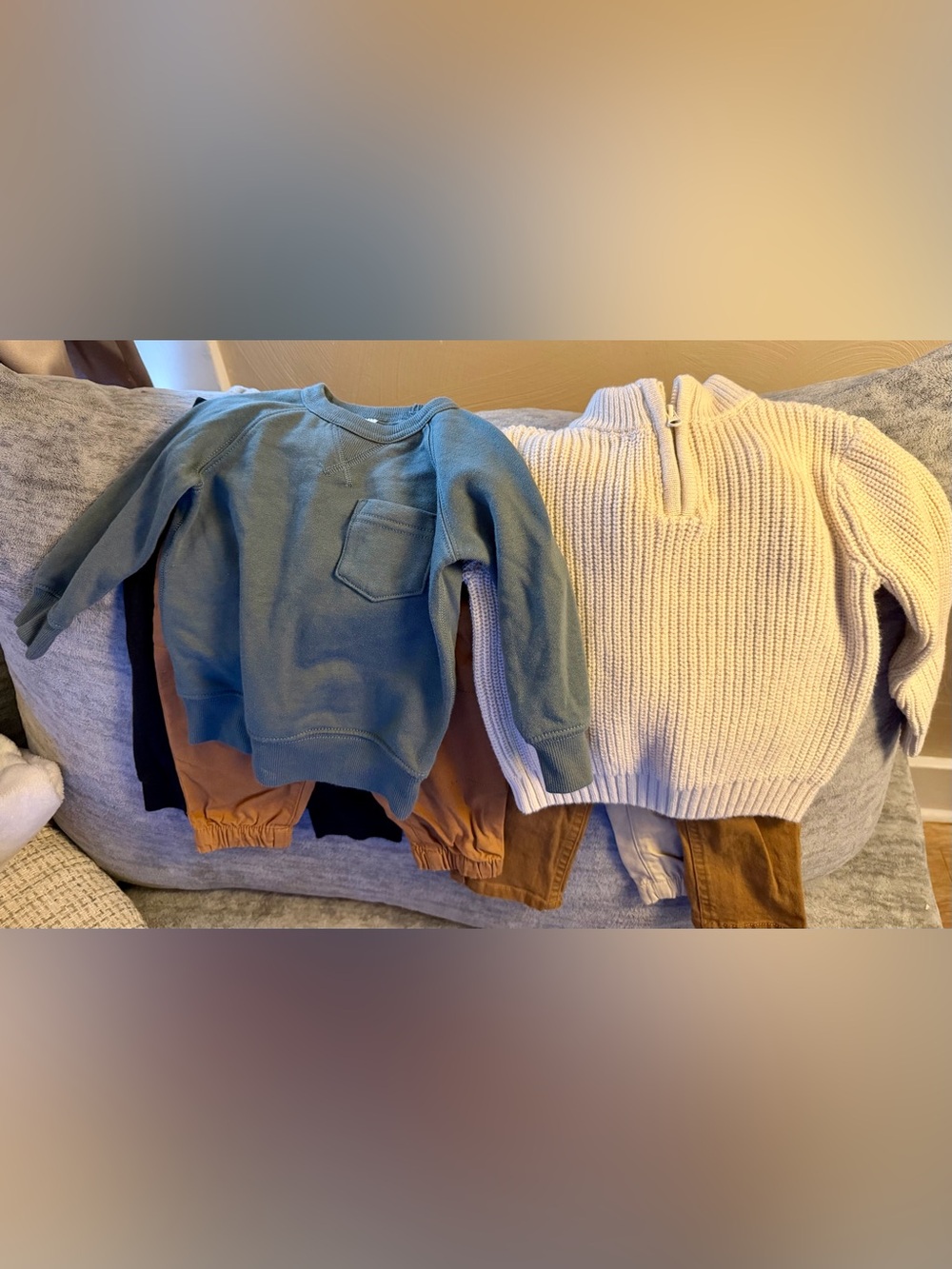 Size 12 month bundle - 2 sweaters, 4 pairs of pants and shoes